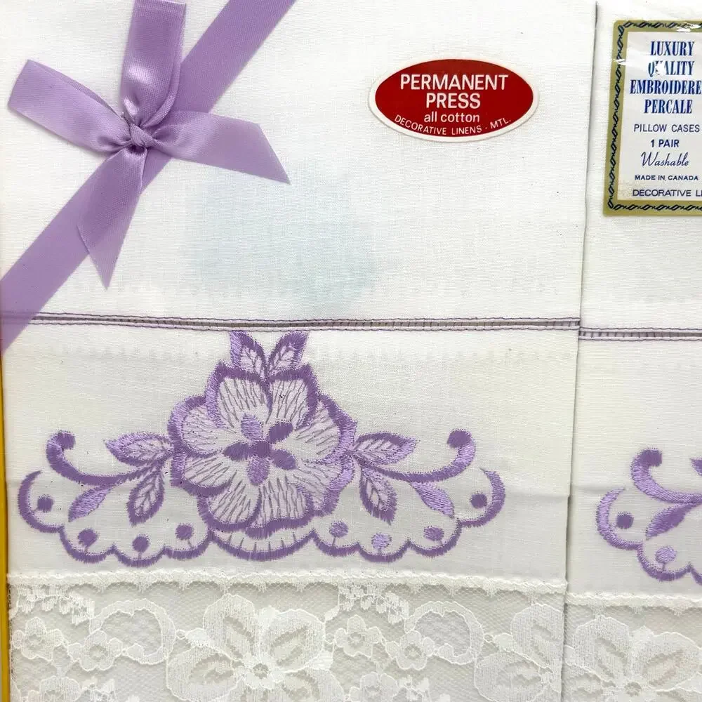 2 Vintage Lady Christina Embroidered Pillowcases Percale Purple Flowers Lace
